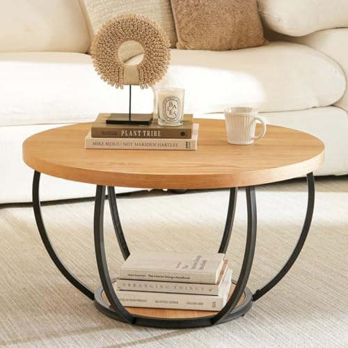 Cagnolier Couchtisch rund mit Ablage, Flache Platte, Ø80xH45cm, Natur | Wohnzimmertisch, Couchtisch mit Stauraum, 2 Ebenen, Metallgestell, zusätzliche Ablage, für Sofa und Wohnzimmer