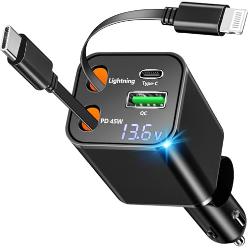 [Apple MFi Certified] Retractable Car Charger, Linocell 120W USB C Car Charger 4 in 1 PD/QC Type C Fast Charging Cigarette Lighter Adapter for iPhone 17/17 Pro Max/16/15/14/13/12/Galaxy S26/S25/Pixel