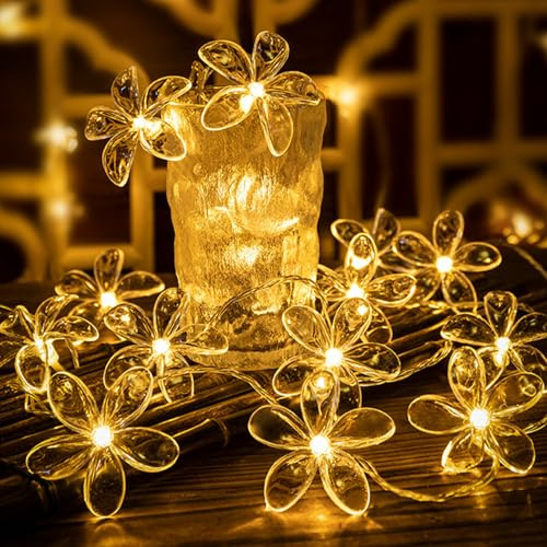 Falafoty Guirnalda de luces de flores de cerezo, 3 m, 20 LED, color blanco cálido, para interiores y exteriores, luz de hadas de flores Sakura alimentada por pilas para jardín, boda, San Valentín