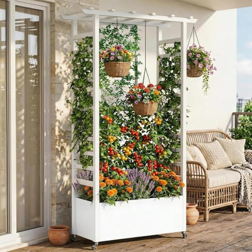 Jardinera elevada con enrejado y techo colgante, jardinera metálica independiente con ruedas, jardinera elevada móvil para interior y exterior, ideal para enredaderas, plantas trepadoras y flores