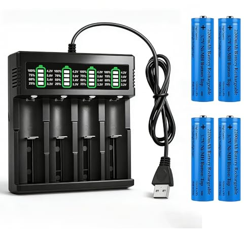 NAVESO 4 stycken 3 7 V Li-Ion batteri, 2 200 mAh batterier Li-Ion uppladdningsbar med laddare med fyra fack, 3 7 volt batteri Li-Ion för mikrofoner RC ficklampor dörrklocka kamera liten fläkt