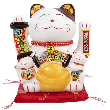 lachineuse Maneki Neko - Estatuilla de Gato (17 x 17 x 12 cm) | Afortunado tradicional japonés, símbolo de fortuna y riqueza, porcelana y plástico, pilas LR03 no incluidas
