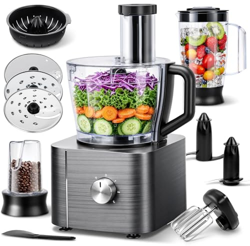 TopStrong Food Processor, 11-in-1 Food processor and Blender with Chopping Blending Kneading Grinding Whisking Juicing, 3 Speeds Plus Pulse, 3.2 L Bowl and 1.5L Jug Blender, Grey, 1100W