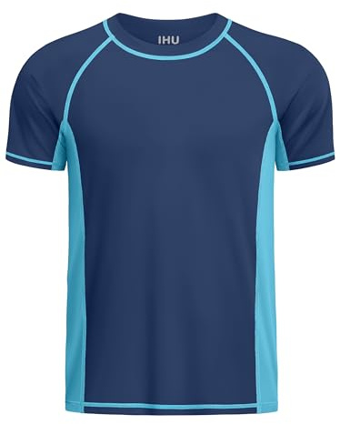 IHU Jungen UV Shirt Kinder UPF 50+ Sonnenschutz Schnelltrocknend Badeshirt Kurzarm Rash Guard Mädchen Schwimmshirt, Dunkelblau mit Blau, 12-14 Jahre