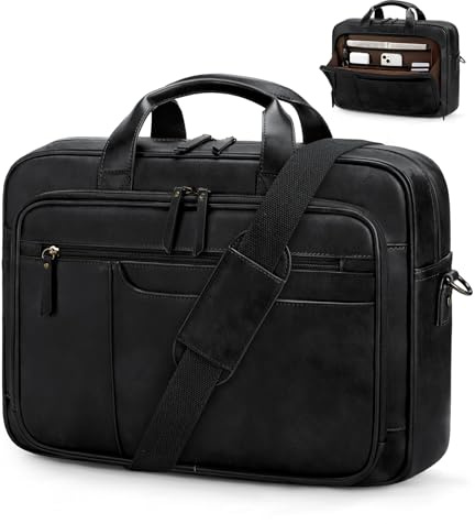 RAINSMORE Aktentasche Herren Vintage PU Leder 16 Zoll Laptoptasche | Arbeitstasche, Wasserdicht Ledertasche, Messenger Bag, Effiziente Organisation, Vielseitig für Büro, Uni, Geschäftsreisen