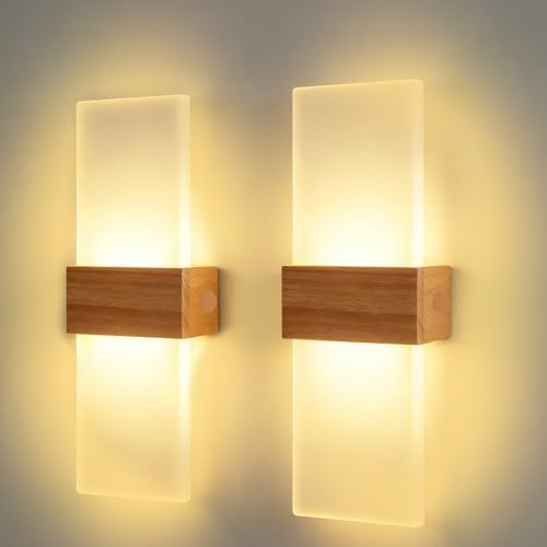 BlueXP 2 Stück LED Wandlampe Holz Acryl Warmweiß 28cm Innenleuchte