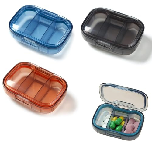 3 Piezas Pastillero Pequeño, Mini Organizador de Pastillas Diario con 3 Compartimentos, Pastilleros de Bolsillo Portátiles para Viajes y Uso Diario, Caja de Medicamentos Transparente, 3 Colores