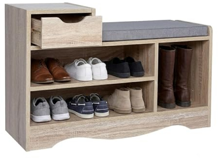mymai Schuhbank mit Sitzfläche, Sitzbank mit Stauraum, gepolstert, 3 offene Fächer und 1 Schublade, kann Stiefel aufbewahren, Schuhregal für Wohnzimmer, Flur, 80 x 30 x 52 cm (Holz)