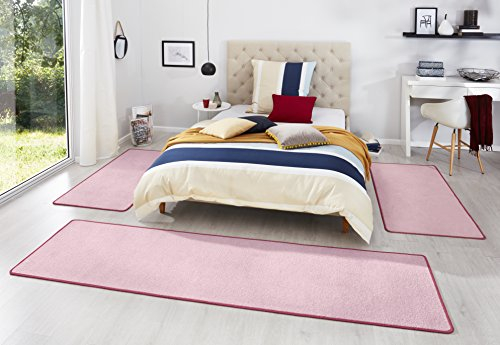 Hanse Home Teppich Bettumrandung Fancy 3-teilig – Bettvorleger Velours Teppichläufer Kurzflor Einfarbig Läufer-Set für Kinderzimmer Schlafzimmer, Rosa 2X 67x140 cm 1x 67x250cm