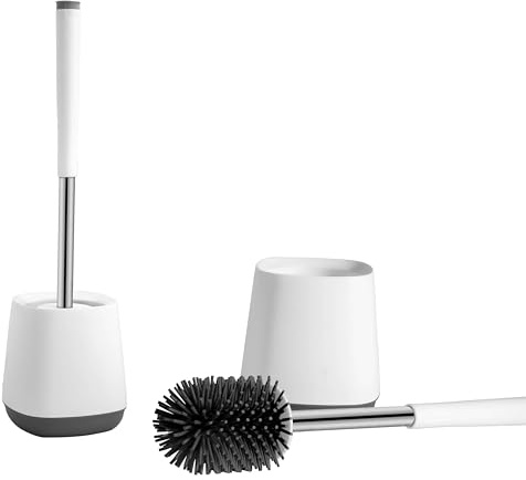 Toilet Brush with Drainage Holder Set,Flex Silicone Anti-Clog Anti-Drip Brush Head, White/Grey Colour with Stainless Steel Handle, 2-Pack