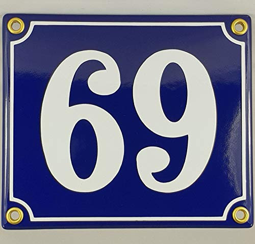 Hausnummer Emaille Schild Nr. 69 Blau-Weiß Handarbeit mit Schrauben und Dübel zur Montage