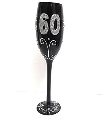 Calice Flute in Vetro Nero con Stampa Glitter Argentata - Gadget Idea Regalo Festa Compleanno. (60 Anni)