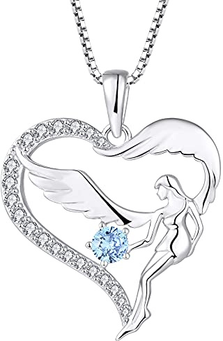 FJ Collier Coeur Femme Ange Gardien Collier Argent Sterling 925 Pendentif Ailes d'Ange Collier Pierre de Naissance Mars Aigue-Marine Cadeaux de Bijoux pour Femme Fille