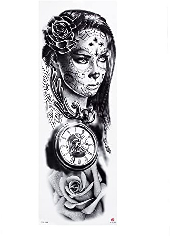 1 x XXL Tattoo - La Catrina, Uhr, Rose - Temporäres Körper Tattoo - TQB246 (1)