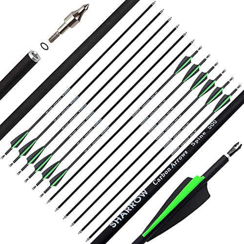 SHARROW 32 Zoll Carbonpfeile für Bogenschießen Spine 500 Carbon Pfeile Carbon Jagdpfeile mit 3 Zoll Gummifedern Pfeile für Bogen Pfeil Recurvebogen Compoundbogen