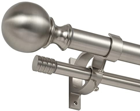 Double Curtain Rod for Windows 36-72, Adjustable Double Drapery Rod with Round & Barrel Finials, Brushed Nickel Decorative Curtain Rod, 1-Inch Front and 5/8 Inch Diameter Back Window Curtain Rod