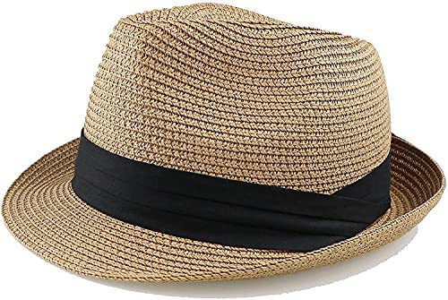 KorhLeoh Chapeau Fedora en paille pour enfants avec bord court pour garçons et filles, kaki, Large