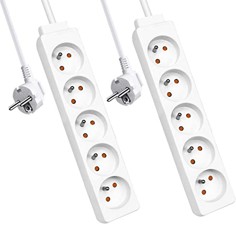 EXTRASTAR Multiprise, Bloc Multiprise 5 Prises 16A Blanc, Multiprise Electrique rallonge multiprises H05VV-F,3G1.0mm2, 1.5M - Lot de 2