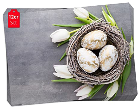 Tischset, Platzset - Osternest mit weißen Tulpen - 12 Stück Made in Germany, 44x32cm aus speziellem Naturpapier in Aufbewahrungsmappe – die besondere Tischdeko für Frühling, Ostern & Blumen