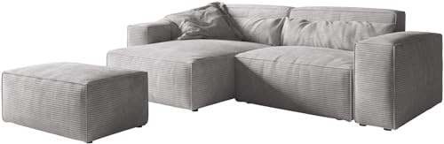 Eckcouch Sirpio XL Cord Silbergrau 270x170 cm Recamiere variabel mit Hocker