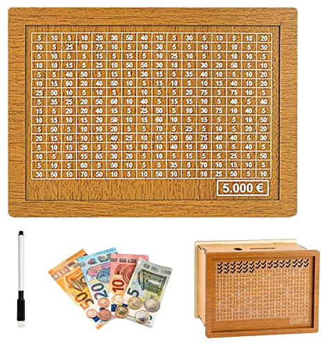 Amebleak Spardose Holz, Sparbox, Sparziel und Zahlen zum Ankreuzen, Geldkassette mit Zähler, Sparschwein für Hilft Erwachsene und Kinder Die Gewohnheit Zum Sparen Zu (5000€)