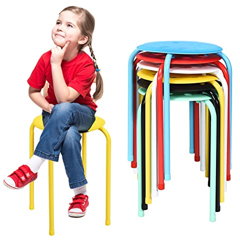 RELAX4LIFE Lot de 6 Tabourets Empilables avec Cadre en Métal, Tabourets Bar pour Enfants Adultes, Tabourets Ronds Légers pour Cuisine Bureau Salon, Hauteur D’Assise 44 CM, Charge 100 KG (Multicolore)