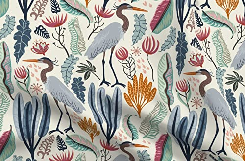 Spoonflower Fabric - Coastal Flora Nature Tropical Wild Flowers Crane Heron Moody Pond Printed on Polartec(R) Fleece Fabric Fat Quarter - Sewing Blankets Loungewear and No-Sew Projects
