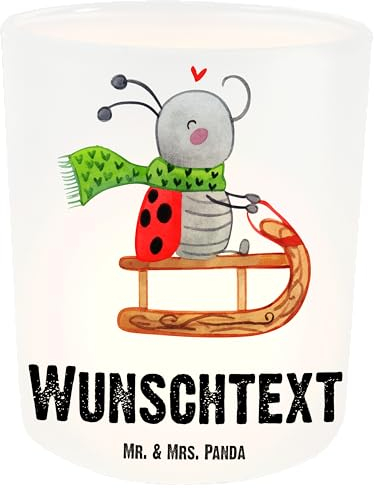 Mr. & Mrs. Panda Personalisiertes Windlicht Smörle Rodeln - Personalisierte Geschenke, Windlichtgläser, Windglas, Winter, Teelichthalter mit Namen, Marzipan, Kerzengläser, Weihnachten, Windlichter
