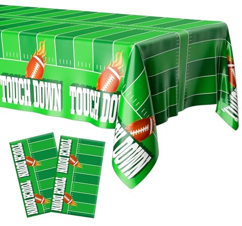 Football Tablecloth, Football Party Decorations, 2 Pack Football Take Cover, 54”x108” Disposable Plastic Touchdown Take Cloth for Football Tailgate Birthday Party Supplies Superbowl Decorations
