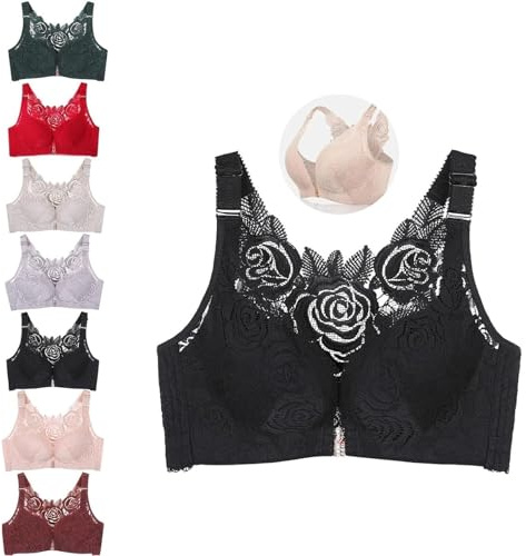 ADTEMP Floral Secrets Comfort Rose Bra, Floral Secret Bra, U Shape Back Front Closure Bra, Front Closure Bra for Women Plus Size (Color : Black, Size : 38/85C)