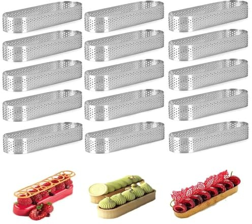 FutureHight Lot de 15 moules à tartelettes ovales perforés en acier inoxydable pour gâteaux, mousses, tartes, quiche