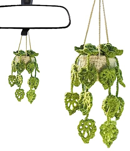 COMFOLIVING Crochet Hanging Basket for Car Plant | Woven Plant Basket for Hanging on Car Mirror | Portable Handmade Knitted Rear View Mirror Decoration for