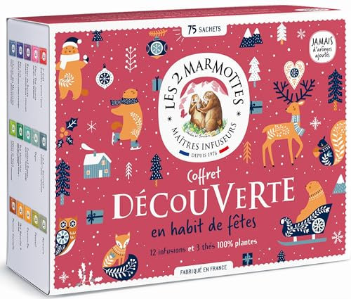 Les 2 Marmottes - Coffret Découverte 75 Sachets - 12 Infusions et 3 Thés - Idéal En Cadeau - Bien-Être Et Relaxation - Made In France - Sans arômes ajoutés - 114g