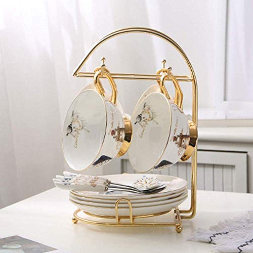 asdchZen Service à thé 15 pièces en porcelaine européenne avec support en métal, motif rose, tasse vintage en céramique, sucrier, théière, tasses pour la maison (D)