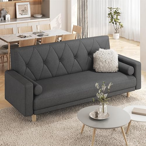 Yaheetech Convertible Sofa Bed Fabric Sofa Couch Click Clack Modern Sleeper Sofa Settee with 2 Bolster Pillows for Living Room/Guest Room Black