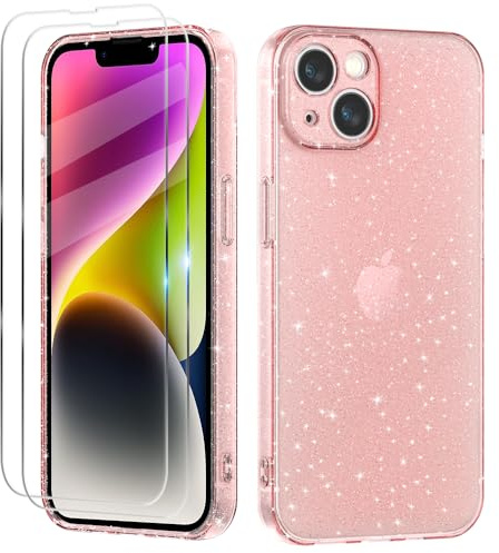 Cover Compatibile con iPhone 14 Custodia Glitter, 2 Pezzi Pellicola Protettiva in Vetro Temperato, Brillantini Custodia Morbido TPU Protezione Trasparente Antiurto Case - Rosa