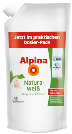 Alpina Wandfarbe Naturaweiß matt im praktischen Dosier-Pack – ergiebig, gut deckend & reinigungsfähig – 2,5 Liter