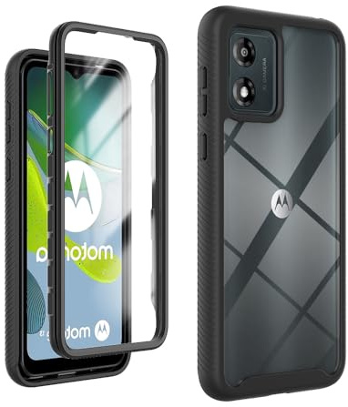 GOKEN Funda para Motorola Moto E13, Protección 360 Grados, Protector de Pantalla, Carcasa Antigolpes con Bumper de Silicona Suave y Trasera Transparente de PC, Armor -Negro