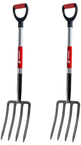 Gartengabeln mit Premium-Grabegabel aus geschmiedetem Stahl mit 4 Zinken, D-Griffen, 104,1 cm, stabiler D-Griff, praktisch unzerbrechlich, Gartenwerkzeug, 2 Stück