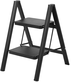 JADDUO Trittleiter 2 Stufen Klappbar Aluminium Leiter Klapptritt mit Breitem Anti-Rutsch-Pedal Klappbarer Trittleiter Stehleiter Maximale Tragbarer Leichter Tritthocker Tragfähigkeit 150KG (Schwarz)
