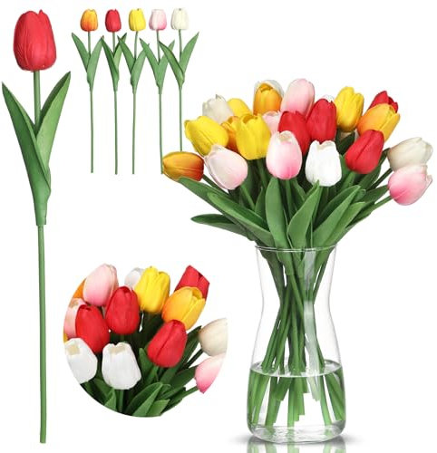 Thiccywoov 20 Pcs Artificial Flowers with Vase, 14 inch Faux Tulip Flowers Bouquet in Glass Vase for Kitchen Dining Table Centerpiece Easter Valentine's Day Gifts Home Wedding Decoration(Multicolor)