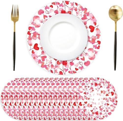 50 tovagliette di carta rotonde, tovagliette di carta con cuore rosa, rotonde, Ø 34 cm, per San Valentino, matrimonio, vacanze, feste