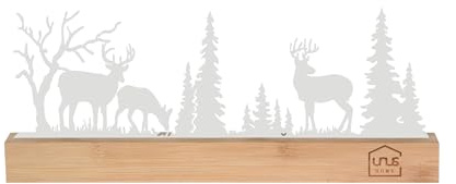 UNUS Aufsteller Hirsch Wald Silhouette Deko aus Bambusholz und Metall | Moderne Tisch- und Fensterdeko mit 3 Hirschen und Bäumen Weiß