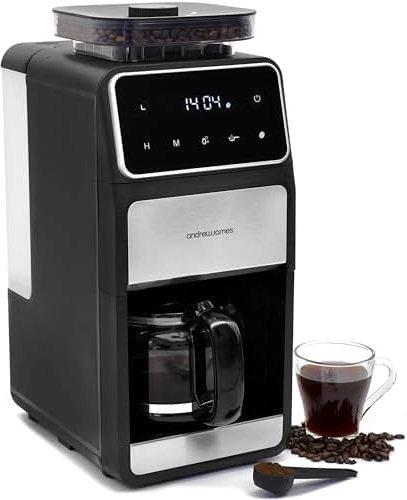 andrew james Drip Filter Coffee Machine with Built in Grinder, Bean to Cup Coffee Maker with Programmable Keep Warm Function, Easy to Use Filter Coffee Maker Machine Ideal for Home or Office (1.5L)