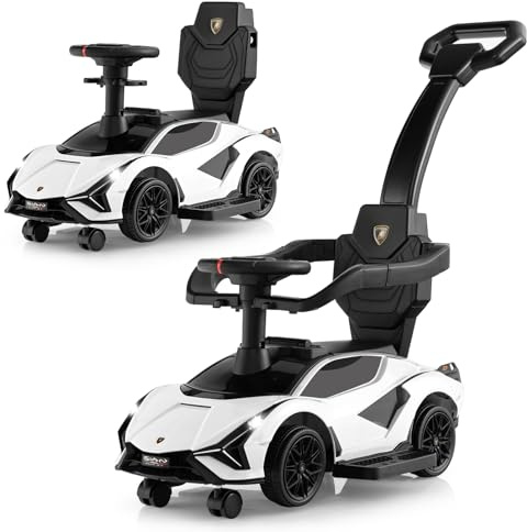 COSTWAY 3 en 1 Coche Correpasillos para Niños, Coche de Empuje Lamborghini, Coche de Paseo para Niños con Barandillas y Manillar Desmontables, Música, Faros y Ruedas Universales Desmontables (Blanco)