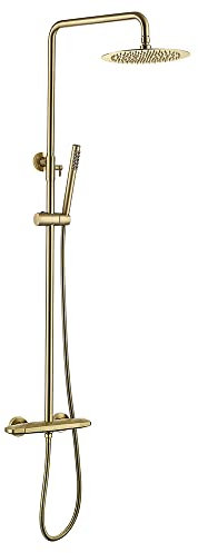 Colonne de douche moderne en or brossé de 25,4 cm avec contrôle thermostatique réglable en hauteur et fixation murale avec douchette à main en laiton