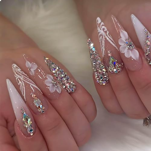 GlamRays Langer Stiletto Press on Nails Falsche Nägel Handverarbeitete Falsche Nägel Mit Rhinestones Designs Weiß Ombré Klebernagel Glitzer Aufnageln 24 Stück