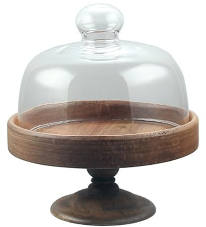 Rfeeuubft Élégant Présentoir à Gâteaux sur Pied avec Couvercle en Verre - Assiette à Dessert en Bois et Verre, Plat à Dim Sum, Assiette à Pain L