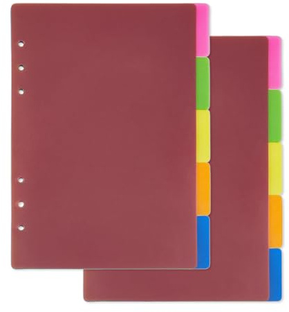 SUPERFINDINGS Juego de 2 hojas con 10 hojas A5, separadores de encuadernación de plástico de colores, con 5 pestañas A5, páginas de índice de 6 orificios, para planificadores, cuadernos, diario