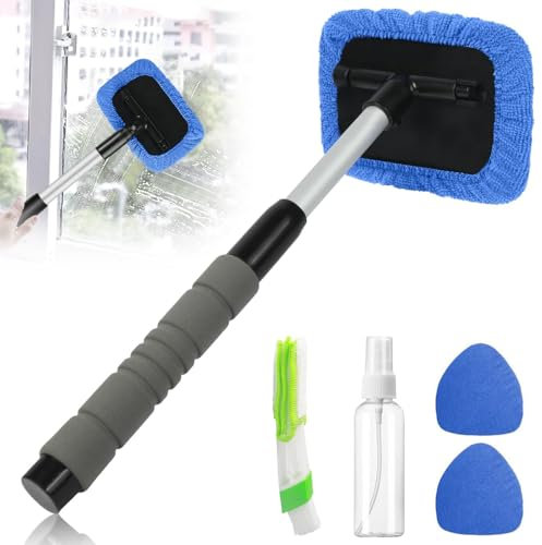 LoNinLoAn Car Windscreen Cleaner, Windscreen Cleaner Inside, Car Window Cleaner with 2 Microfiber Pads and 1 Spray Bottle 1 Microfiber Brush, 180 Degree Rotating Head, Blue